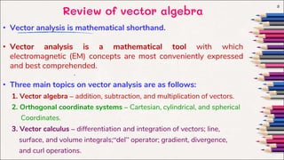 Review of vector algebra
3
.
• Vector analysis is mathematical shorthand.
• Vector analysis is a mathematical tool with which
electromagnetic (EM) concepts are most conveniently expressed
and best comprehended.
• Three main topics on vector analysis are as follows:
1. Vector algebra – addition, subtraction, and multiplication of vectors.
2. Orthogonal coordinate systems – Cartesian, cylindrical, and spherical
Coordinates.
3. Vector calculus – differentiation and integration of vectors; line,
surface, and volume integrals;“del” operator; gradient, divergence,
and curl operations.
 
