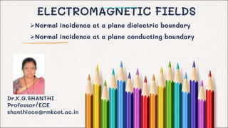 ELECTROMAGNETIC FIELDS
Dr.K.G.SHANTHI
Professor/ECE
shanthiece@rmkcet.ac.in
Normal incidence at a plane dielectric boundary
Normal incidence at a plane conducting boundary
 