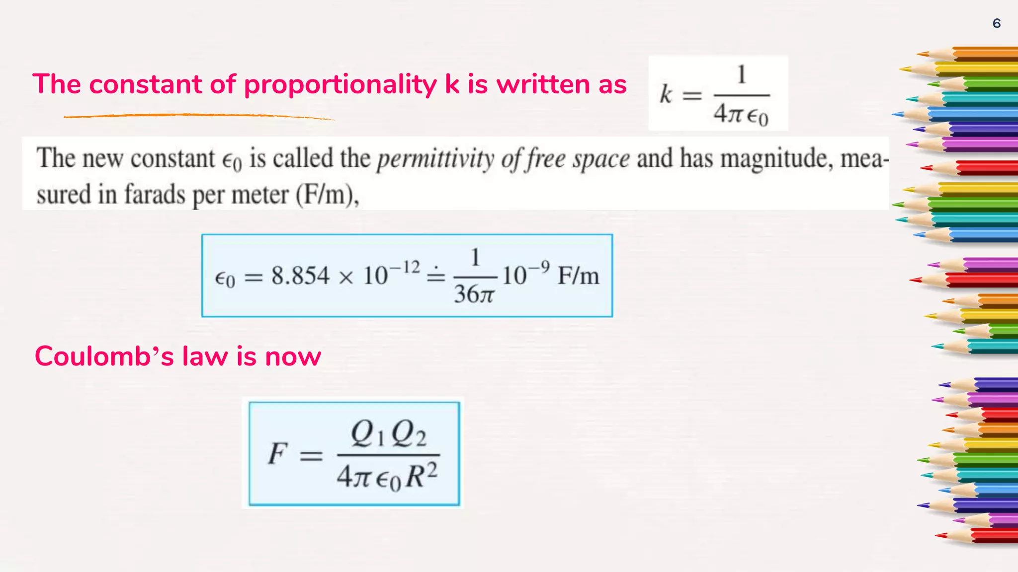 6
The constant of proportionality k is written as
Coulomb’s law is now
 
