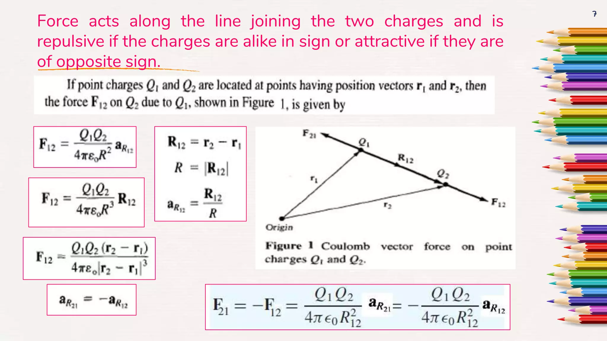 7
Force acts along the line joining the two charges and is
repulsive if the charges are alike in sign or attractive if they are
of opposite sign.
 