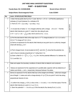 UNIT WISE ANNA UNIVERSITY QUESTIONS
PART – B QUESTIONS
Faculty Name: Mr. K.SIVAKUMAR Branch & Sem: ECE & IV
Subject Name: Electromagnetic Fields Code:EC8451
No. Unit-I:: STATIC ELECTRIC FIELD
1
2
i. Given the two points A(x=2,y=3,z=-1) and B(r=4,𝜃 = 250,∅ = 120𝑜find the spherical co-
ordinates of A and Cartesian Co- ordinates of B
ii. Find ∇𝑥𝐻
⃗
⃗ , if 𝐻
̅ = (2𝜌𝑐𝑜𝑠∅𝑎𝜌
̅̅̅ − 4𝜌𝑠𝑖𝑛∅𝑎∅
̅̅̅ + 3𝑎𝑧
̅̅̅)
i. A circular disc of radius ‘a’ m is charged uniformly with a charge of σ c/𝑚2. Find the
electric field intensity at a point ‘h’ meter from disc along its axis.
ii. If 𝑉 = [2𝑥2𝑦 + 20𝑧 −
4
𝑥2+𝑦2
] volts, find E and D at 𝑃(6, −2.5,3).
April
2010
1
2
(i) Find the total electric field at the origin due to 10−8 C charge located at 𝑃 (0, 4,4) m and a -
0.5×10−8 C charge at P (4, 0, 2) m.
(ii) Derive an expression for the electric field intensity at any point due to a uniformly charged
sheet with density ρ𝑠 c/𝑚2.
(i) Point charges Q and –Q are located at (0,0,
𝑑
2
) and (0,0,-
𝑑
2
). show that the potential at a
point (r,θ,φ) is inversely proportional to r2
noting that r>>d.
(ii) Given a field E= 𝐸 =
−6𝑦
𝑥2
𝑎𝑥 +
6
𝑥
𝑎𝑦 + 5𝑎𝑧 V/m, find the potential difference VAB between A(-
7,2,1) and B(4,1,2).
April
2011
1
2
State and explain the boundary conditions of electric field at dielectric and conductor.
Deduce an expression for the capacitance of a parallel plate capacitor with two dielectrics of
relative permittivity 𝜀1 and 𝜀2 respectively interposed between the plates. April
2012
1
2
Derive an expression for the electric field due to the straight and infinitely uniformed charged
wire of length ‘L’ meters and with a charge density of +𝜌 𝐶/𝑚 at a point P which lies along
perpendicular bisector of wire.
i. A uniform line charge 𝜌𝐿=25𝑁𝑐/𝑚 lies on the 𝑥 = 3𝑚 and 𝑦 = 4𝑚 in the free space. Find the
electric field intensity at a point (2,3 𝑎𝑛𝑑 15) m.
ii. Given the potential 𝑉 = 10𝑠𝑖𝑛𝜃𝑐𝑜𝑠𝜑/𝑟2 find the electric flux density D at (2,𝜋/2,0).
April
2013
 