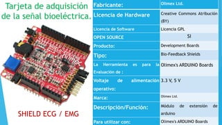 Tarjeta de adquisición
de la señal bioeléctrica.
SHIELD ECG / EMG
Fabricante: Olimex Ltd.
Licencia de Hardware Creative Commons Atribución
(BY)
Licencia de Software Licencia GPL
OPEN SOURCE SI
Producto: Development Boards
Tipo: Bio-Feedback Shields
La Herramienta es para la
Evaluación de :
Olimex's ARDUINO Boards
Voltaje de alimentación
operativo:
3.3 V, 5 V
Marca: Olimex Ltd.
Descripción/Función: Módulo de extensión de
arduino
Para utilizar con: Olimex's ARDUINO Boards
 