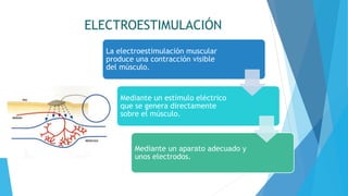 ELECTROESTIMULACIÓN
La electroestimulación muscular
produce una contracción visible
del músculo.
Mediante un estímulo eléctrico
que se genera directamente
sobre el músculo.
Mediante un aparato adecuado y
unos electrodos.
 