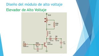 Diseño del módulo de alto voltaje
Elevador de Alto Voltaje
L5
2m2
D1
1N4148
D6
1N4148
C1
100n
Q16
MMBT5551
R29
1k
C4
100n
1
P1
CONN-SIL1
R28
500R
50%
RV2
500R
 