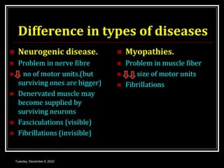 Difference in types of diseases
 Neurogenic disease.
 Problem in nerve fibre
 no of motor units.(but
surviving ones are bigger)
 Denervated muscle may
become supplied by
surviving neurons
 Fasciculations (visible)
 Fibrillations (invisible)
 Myopathies.
 Problem in muscle fiber
 size of motor units
 Fibrillations
Tuesday, December 6, 2022
 