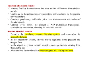 Function of Smooth Muscle
• Primary function is contraction, but with notable differences from skeletal
muscle.
• Controlled by the autonomic nervous system, not voluntarily by the somatic
nervous system.
• Contracts persistently, unlike the quick contract-and-release mechanism of
skeletal muscle.
• Calcium levels control the amount of ATP (Adenosine triphosphate)
available for contraction, allowing for sustained tension.
Smooth Muscle Location
• Found in the circulatory system, digestive system, and responsible for
raising body hairs.
• In the circulatory system, smooth muscle regulates blood pressure and
oxygen flow.
• In the digestive system, smooth muscle enables peristalsis, moving food
through the gut.
• Also involved in functions like contracting the iris, raising arm hairs.
 