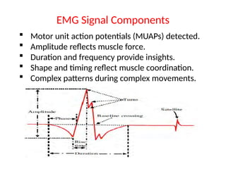 EMG Signal Components
 Motor unit action potentials (MUAPs) detected.
 Amplitude reflects muscle force.
 Duration and frequency provide insights.
 Shape and timing reflect muscle coordination.
 Complex patterns during complex movements.
 