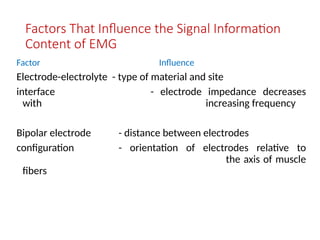 Factors That Influence the Signal Information
Content of EMG
Factor Influence
Electrode-electrolyte - type of material and site
interface - electrode impedance decreases
with increasing frequency
Bipolar electrode - distance between electrodes
configuration - orientation of electrodes relative to
the axis of muscle
fibers
 