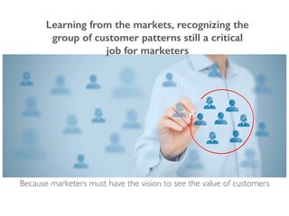 Learning from the markets, recognizing the
group of customer patterns still a critical
job for marketers
Because marketers must have the vision to see the value of customers
 