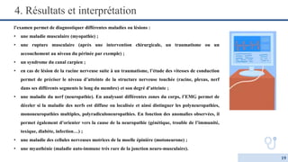 l’examen permet de diagnostiquer différentes maladies ou lésions :
• une maladie musculaire (myopathie) ;
• une rupture musculaire (après une intervention chirurgicale, un traumatisme ou un
accouchement au niveau du périnée par exemple) ;
• un syndrome du canal carpien ;
• en cas de lésion de la racine nerveuse suite à un traumatisme, l’étude des vitesses de conduction
permet de préciser le niveau d’atteinte de la structure nerveuse touchée (racine, plexus, nerf
dans ses différents segments le long du membre) et son degré d’atteinte ;
• une maladie du nerf (neuropathie). En analysant différentes zones du corps, l’EMG permet de
déceler si la maladie des nerfs est diffuse ou localisée et ainsi distinguer les polyneuropathies,
mononeuropathies multiples, polyradiculoneuropathies. En fonction des anomalies observées, il
permet également d’orienter vers la cause de la neuropathie (génétique, trouble de l’immunité,
toxique, diabète, infection…) ;
• une maladie des cellules nerveuses motrices de la moelle épinière (motoneurone) ;
• une myasthénie (maladie auto-immune très rare de la jonction neuro-musculaire).
4. Résultats et interprétation
19
 