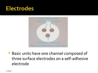 “Active” Electrodes
                       Detect electrical signal




                         “Reference” Electrode
                   Filters nonmeaningful information


        Basic units have one channel composed of
         three surface electrodes on a self-adhesive
         electrode
© 2004
 