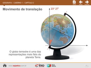 www.sejaetico.com.br 11
PróximoVoltarInício
GEOGRAFIA » CADERNO 1 » CAPÍTULO 2
Movimento de translação
O globo terrestre é uma das
representações mais fiéis do
planeta Terra.
 