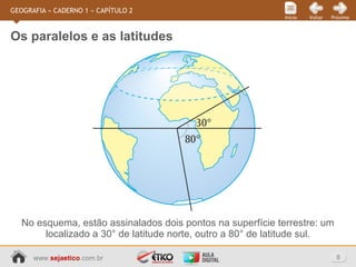 www.sejaetico.com.br 8
PróximoVoltarInício
GEOGRAFIA » CADERNO 1 » CAPÍTULO 2
No esquema, estão assinalados dois pontos na superfície terrestre: um
localizado a 30° de latitude norte, outro a 80° de latitude sul.
Os paralelos e as latitudes
 