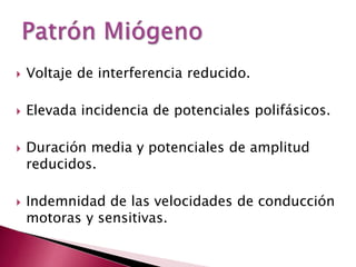  Voltaje de interferencia reducido.
 Elevada incidencia de potenciales polifásicos.
 Duración media y potenciales de amplitud
reducidos.
 Indemnidad de las velocidades de conducción
motoras y sensitivas.
 