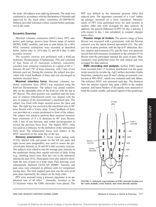 Copyright @ 200 by the American College of Sports Medicine. Unauthorized reproduction of this article is prohibited.8
the study. All subjects were right leg dominant. The study was
conducted in accordance with the Declaration of Helsinki and
approved by the local ethics committee (N-20070019).
Subjects provided informed written consent before participa-
tion in the study.
Eccentric Exercise
Maximal voluntary contraction (MVC) force, PPT, sub-
jective pain ratings, passive knee flexion range of motion
(ROM), EMG variables, and time to task failure for a 40%
MVC isometric contraction, were recorded, as described
below, before (day 1), 24 h (day 2), and 48 h (day 3) after
eccentric exercise.
The eccentric exercise was performed with a KinCom
Isokinetic Dynamometer (Chattanooga, TN) and consisted
of four bouts of 25 maximum voluntary concentric/
eccentric knee extension contractions at a speed of 60-Isj1
between 90 and 170- of knee extension, with 3 min of rest
between each set. During the exercise, the subject was pro-
vided with visual feedback of force and was encouraged to
maintain maximal force.
Maximal voluntary force. Maximal voluntary iso-
metric contraction force (MVC) was measured using the
KinCom Dynamometer. The subject was seated comfort-
ably on the adjustable chair of the KinCom with the hip in
90- flexion. The chair position was modified until the knee
axis of rotation (tibiofemoral joint) was aligned with the
axis of rotation of the dynamometer_s attachment arm. The
subject was fixed with straps secured across the chest and
hips. The right leg was secured to the attachment arm in 90-
knee flexion with a Velcro strap. Visual feedback of force
was provided on a screen positioned in front of the subject.
The subject was asked to perform three maximal isometric
knee extensions (3–5 s in duration) in 90- knee flexion,
with 2 min of rest between, and verbal encouragement to
exceed the previous force level. The highest MVC value
was used as a reference for the definition of the submaximal
force level. The submaximal forces were relative to the
MVC measured on the same day of the test.
Sensory assessment. A 10-cm visual analog scale
(VAS), labeled with end points on the left (no pain) and
right (worst pain imaginable), was used to assess the per-
ceived pain intensity at 24 and 48 h after eccentric exercise.
The subjects were asked to rate the average pain intensity in
the quadriceps during their regular activities of daily living
(e.g., climbing stairs) since their last visit to the laboratory
(during the past 24 h). Participants were also asked to docu-
ment the area of pain on a body chart. Pain drawings were
subsequently digitized (ACECAD D9000+ Taiwan), and
pain areas were estimated in arbitrary units for comparison
among days. The total mapped pain area was the sum of all
pain areas reported by the subject on the body chart.
PPT were assessed using a pressure algometer at an ap-
plication rate of 40 kPaIsj1
(Somedic, Sweden) at the
15 locations where the EMG electrodes were placed. The
PPT was defined as the minimum pressure (kPa) that
induced pain. The algometer consisted of a 1-cm2
rubber
tip plunger, mounted on a force transducer. Measure-
ments of PPT were performed twice for each location in
random order and were averaged for data analysis. In
addition, the percent difference in PPT for day 2 and day 3
with respect to day 1 was calculated, to compare changes
across days.
Passive range of motion. The passive range of knee
flexion was measured with a goniometer, with the fulcrum
centered over the lateral femoral epicondyle (35). The sub-
ject was in prone position, with the hip in 0- abduction, flex-
ion, rotation, and extension (35), and the knee was passively
moved from full extension (considered as the reference 0-) to
flexion until the participant reported the onset of pain. Mea-
surements were performed twice for each subject and were
averaged for data analysis.
EMG recording and analysis. Surface EMG signals
were recorded from 15 locations distributed over the quad-
riceps muscles by circular Ag–AgCl surface electrodes (Ambu
Neuroline, conductive area 28 mm2
) during an isometric con-
traction at 40% MVC, which was sustained until task failure.
The reference MVC was measured each day. The distances
from the anterior superior iliac spine (ASIS) to the medial,
superior, and lateral borders of the patella were measured to
mark the medial, middle, and lateral regions of the quadriceps,
FIGURE 1—Schematic representation of EMG electrode location over
the vastus medialis, rectus femoris, and vastus lateralis muscles.
EMG AND SENSORY MAPPING DURING DOMS Medicine & Science in Sports & Exercised 327
APPLIEDSCIENCES
 
