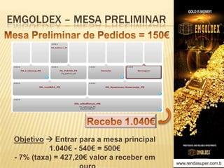 EMGOLDEX – MESA PRELIMINAR

Objetivo  Entrar para a mesa principal
1.040€ - 540€ = 500€
- 7% (taxa) = 427,20€ valor a receber em
www.rendasuper.com.b
TIME EMGOLDEX BRAZIL

 