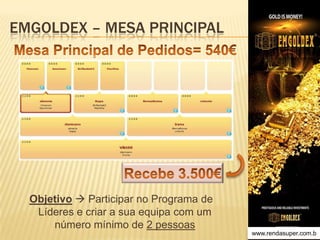 EMGOLDEX – MESA PRINCIPAL

Objetivo  Participar no Programa de
Líderes e criar a sua equipa com um
número mínimo de 2 pessoas
www.rendasuper.com.b
TIME EMGOLDEX BRAZIL

 