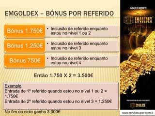 EMGOLDEX – BÓNUS POR REFERIDO
Bónus 1.750€

• Inclusão de referido enquanto
estou no nível 1 ou 2

Bónus 1.250€

• Inclusão de referido enquanto
estou no nível 3

Bónus 750€

• Inclusão de referido enquanto
estou no nível 4

Então 1.750 X 2 = 3.500€
Exemplo:
Entrada de 1º referido quando estou no nível 1 ou 2 =
1.750€
Entrada de 2º referido quando estou no nível 3 = 1.250€
No fim do ciclo ganho 3.000€

www.rendasuper.com.b
TIME EMGOLDEX BRAZIL

 