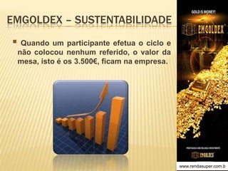 EMGOLDEX – SUSTENTABILIDADE

 Quando um participante efetua o ciclo e
não colocou nenhum referido, o valor da
mesa, isto é os 3.500€, ficam na empresa.

www.rendasuper.com.b
TIME EMGOLDEX BRAZIL

 