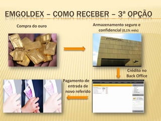 EMGOLDEX – COMO RECEBER – 3ª OPÇÃO
Armazenamento seguro e
confidencial (0,1% mês)

Compra do ouro

Crédito no
Back Office
Pagamento de
entrada de
novo referido

3.500

 