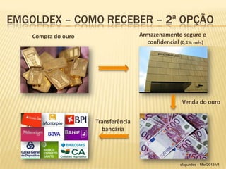 EMGOLDEX – COMO RECEBER – 2ª OPÇÃO
    Compra do ouro                   Armazenamento seguro e
                                       confidencial (0,1% mês)




                                                     Venda do ouro


                     Transferência
                       bancária




                                                    sfagundes – Mar/2013 V1
 