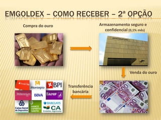 EMGOLDEX – COMO RECEBER – 2ª OPÇÃO
Armazenamento seguro e
confidencial (0,1% mês)

Compra do ouro

Venda do ouro
Transferência
bancária

 