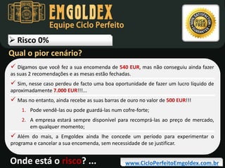 Equipe Ciclo Perfeito

 Risco 0%
Qual o pior cenário?
 Digamos que você fez a sua encomenda de 540 EUR, mas não conseguiu ainda fazer
as suas 2 recomendações e as mesas estão fechadas.

 Sim, nesse caso perdeu de facto uma boa oportunidade de fazer um lucro líquido de
aproximadamente 7.000 EUR!!!...

 Mas no entanto, ainda recebe as suas barras de ouro no valor de 500 EUR!!!
1. Pode vendê-las ou pode guardá-las num cofre-forte;
2. A empresa estará sempre disponível para recomprá-las ao preço de mercado,
em qualquer momento;

 Além do mais, a Emgoldex ainda lhe concede um período para experimentar o
programa e cancelar a sua encomenda, sem necessidade de se justificar.

Onde está o risco? ...

www.CicloPerfeitoEmgoldex.com.br

 