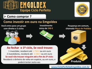 Equipe Ciclo Perfeito

 Como comprar ?
Como investir em ouro na Emgoldex
Você entra para um grupo
com direito a 2 ciclos

Investimento
único de 540 €

Poupança em comum,
chamada Mesa de Pedidos

Ao fechar o 1º ciclo, Se você trouxe:
1 investidor, receberá até 1.750 € ou em ouro
2 investidores, receberá até 3.500 € ou em ouro
Se você não trouxer ninguém até o fim do 2º ciclo:
Receberá o dinheiro de volta em espécie, ou em ouro, e
poderá tentar outra vez.

Produto

www.CicloPerfeitoEmgoldex.com.br

 