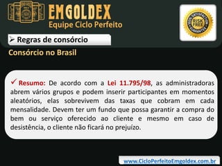 Equipe Ciclo Perfeito

 Regras de consórcio
Consórcio no Brasil

 Resumo: De acordo com a Lei 11.795/98, as administradoras

abrem vários grupos e podem inserir participantes em momentos
aleatórios, elas sobrevivem das taxas que cobram em cada
mensalidade. Devem ter um fundo que possa garantir a compra do
bem ou serviço oferecido ao cliente e mesmo em caso de
desistência, o cliente não ficará no prejuízo.

www.CicloPerfeitoEmgoldex.com.br

 