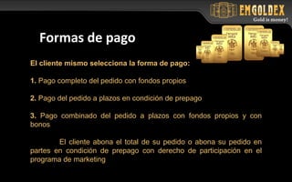 El cliente mismo selecciona la forma de pago:
1. Pago completo del pedido con fondos propios
2. Pago del pedido a plazos en condición de prepago
3. Pago combinado del pedido a plazos con fondos propios y con
bonos
El cliente abona el total de su pedido o abona su pedido en
partes en condición de prepago con derecho de participación en el
programa de marketing
Formas de pago
 