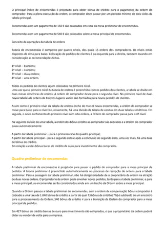 O principal índice de encomendas é projetado para obter bônus de crédito para o pagamento da ordem do
comprador. Para a plena execução da ordem, o comprador deve passar por um período mínimo de dois ciclos da
tabela principal.
Encomendas com um pagamento de 150 € são colocados em cima da mesa preliminar de encomendas.
Encomendas com um pagamento de 540 € são colocados sobre a mesa principal de encomendas.
Conceito de operações da tabela de ordens
Tabela de encomendas é composto por quatro níveis, dos quais 15 ordens dos compradores. Os níveis estão
dispostos de cima para baixo. Colocação de pedidos de clientes é da esquerda para a direita, também levando em
consideração as recomendações feitas.
1º nível – 8 ordens;
2º nível – 4 ordens;
3º nível – duas ordens;
4º nível – uma ordem.
Todos os pedidos de clientes sejam colocados no primeiro nível.
Uma vez que o primeiro nível da tabela de ordens é preenchido com os pedidos dos clientes, a tabela se divide em
duas mesas simétricas de ordens. A ordem do comprador desce para o segundo nível. No primeiro nível de duas
novas tabelas de ordens de 8 novos lugares vazios são formados para novos pedidos de clientes.
Assim como o primeiro nível da tabela de ordens enche de mais 8 novas encomendas, a ordem do comprador se
move para baixo para o nível 3 e, novamente, há uma divisão da tabela de vendas em duas tabelas simétricas. Em
seguida, o novo enchimento do primeiro nível com oito ordens, a Ordem do comprador passa para o 4º nível.
Na seguinte divisão de uma tabela, a ordem dos bônus crédito ao comprador são cobrados e a Ordem do comprador
passa automaticamente:
A partir da tabela preliminar – para o primeiro ciclo do quadro principal;
A partir da tabela principal – para o segundo ciclo e após a conclusão do segundo ciclo, uma vez mais, há uma taxa
de bônus de crédito.
Em relação a estes bônus bares de crédito de ouro para investimento são comprados.

Quadro preliminar de encomendas
A tabela preliminar de encomendas é projetado para passar o pedido do comprador para a mesa principal de
pedidos. A tabela preliminar é preenchido automaticamente no processo de recepção de ordens para a tabela
preliminar. Para a passagem da tabela preliminar, não há obrigatoriedade de o proprietário da ordem na atração
de duas novas ordens. O proprietário da ordem pode envolver novos pedidos, tanto para a tabela preliminar, e para
a mesa principal, as encomendas serão considerados ainda em um trecho da Ordem sobre a mesa principal.
Quando a Ordem passou a tabela preliminar de encomendas, com a ordem de compensação bônus comprador é
cobrado a uma taxa de 1.040 bônus de crédito a partir do qual 73 bônus de crédito (7%) é subtraído de um encontro
para o processamento da Ordem, 540 bônus de crédito ir para a transição da Ordem do comprador para a mesa
principal de pedidos.
Em 427 bônus de crédito barras de ouro para investimento são comprados, o que o proprietário da ordem poderá
obter ou vender de volta para a empresa.

 
