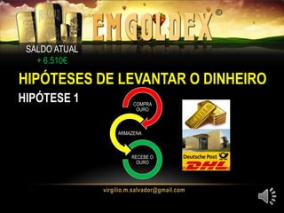 SALDO ATUAL
+ 6.510€
HIPÓTESES DE LEVANTAR O DINHEIRO
HIPÓTESE 1 COMPRA
OURO
ARMAZENA
RECEBE O
OURO
 