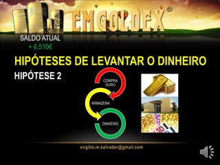 SALDO ATUAL
+ 6.510€
HIPÓTESES DE LEVANTAR O DINHEIRO
HIPÓTESE 2 COMPRA
OURO
ARMAZENA
DINHEIRO
 