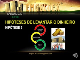 SALDO ATUAL
+ 6.510€
HIPÓTESES DE LEVANTAR O DINHEIRO
HIPÓTESE 3 COMPRA
OURO
ARMAZENA
TICKET
 