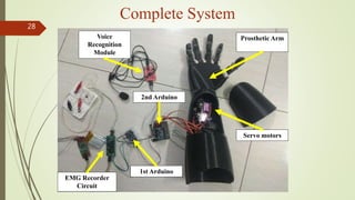 Prosthetic Arm
1st Arduino
EMG Recorder
Circuit
Servo motors
Voice
Recognition
Module
2nd Arduino
Complete System
28
 