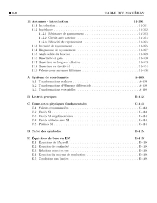 0-0                                                                                                     `
                                                                                          TABLE DES MATIERES

      11 Antennes - introduction                                                                                                        11-391
         11.1 Introduction . . . . . . . . . . . .    .   .   .   .   .   .   .   .   .   .   .   .   .   .   .   .   .   .   .   .   . . . 11-391
         11.2 Imp´dance . . . . . . . . . . . . .
                  e                                   .   .   .   .   .   .   .   .   .   .   .   .   .   .   .   .   .   .   .   .   . . . 11-392
              11.2.1 R´sistance de rayonnement
                        e                             .   .   .   .   .   .   .   .   .   .   .   .   .   .   .   .   .   .   .   .   . . . 11-393
              11.2.2 Circuit avec antenne . . .       .   .   .   .   .   .   .   .   .   .   .   .   .   .   .   .   .   .   .   .   . . . 11-394
              11.2.3 Eﬃcacit´ de rayonnement
                              e                       .   .   .   .   .   .   .   .   .   .   .   .   .   .   .   .   .   .   .   .   . . . 11-395
         11.3 Intensit´ de rayonnement . . . . .
                      e                               .   .   .   .   .   .   .   .   .   .   .   .   .   .   .   .   .   .   .   .   . . . 11-395
         11.4 Diagramme de rayonnement . . .          .   .   .   .   .   .   .   .   .   .   .   .   .   .   .   .   .   .   .   .   . . . 11-397
         11.5 Angle solide du faisceau . . . . .      .   .   .   .   .   .   .   .   .   .   .   .   .   .   .   .   .   .   .   .   . . . 11-399
         11.6 Directivit´ et gain . . . . . . . . .
                         e                            .   .   .   .   .   .   .   .   .   .   .   .   .   .   .   .   .   .   .   .   . . . 11-400
         11.7 Ouverture ou longueur eﬀective .        .   .   .   .   .   .   .   .   .   .   .   .   .   .   .   .   .   .   .   .   . . . 11-403
         11.8 Ouverture vs directivit´ . . . . .
                                      e               .   .   .   .   .   .   .   .   .   .   .   .   .   .   .   .   .   .   .   .   . . . 11-404
         11.9 Valeurs pour antennes ﬁliformes .       .   .   .   .   .   .   .   .   .   .   .   .   .   .   .   .   .   .   .   .   . . . 11-406

      A Syst`me de coordonn´es
            e                 e                                                                                                           A-409
        A.1 Transformations scalaires . . . . . . . . . . . . . . . . . . . . . . . . . .                                                 . . A-409
        A.2 Transformations d’´l´ments diﬀ´rentiels . . . . . . . . . . . . . . . . . .
                              ee            e                                                                                             . . A-409
        A.3 Transformations vectorielles . . . . . . . . . . . . . . . . . . . . . . . .                                                  . . A-410

      B Lettres grecques                                                                                                                  B-412

      C Constantes physiques fondamentales                                                                                                C-413
        C.1 Valeurs recommand´es . . . . . . . .
                                 e                            .   .   .   .   .   .   .   .   .   .   .   .   .   .   .   .   .   .   .   . . C-413
        C.2 Unit´s SI . . . . . . . . . . . . . . . .
                e                                             .   .   .   .   .   .   .   .   .   .   .   .   .   .   .   .   .   .   .   . . C-413
        C.3 Unit´s SI suppl´mentaires . . . . . .
                e           e                                 .   .   .   .   .   .   .   .   .   .   .   .   .   .   .   .   .   .   .   . . C-414
        C.4 Unit´s utilis´es avec SI . . . . . . . .
                e        e                                    .   .   .   .   .   .   .   .   .   .   .   .   .   .   .   .   .   .   .   . . C-414
        C.5 Pr´ﬁxes SI . . . . . . . . . . . . . . .
              e                                               .   .   .   .   .   .   .   .   .   .   .   .   .   .   .   .   .   .   .   . . C-414

      D Table des symboles                                                                                                                D-415

        ´
      E Equations de base en EM                                                                                                            E-419
            ´
        E.1 Equations de Maxwell . . . . . . . .          .   .   .   .   .   .   .   .   .   .   .   .   .   .   .   .   .   .   .   .   . . E-419
            ´
        E.2 Equation de continuit´ . . . . . . .
                                  e                       .   .   .   .   .   .   .   .   .   .   .   .   .   .   .   .   .   .   .   .   . . E-419
        E.3 Relations constitutives . . . . . . .         .   .   .   .   .   .   .   .   .   .   .   .   .   .   .   .   .   .   .   .   . . E-419
            ´
        E.4 Equation du courant de conduction             .   .   .   .   .   .   .   .   .   .   .   .   .   .   .   .   .   .   .   .   . . E-419
        E.5 Conditions aux limites . . . . . . .          .   .   .   .   .   .   .   .   .   .   .   .   .   .   .   .   .   .   .   .   . . E-419
 