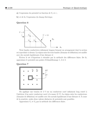 4-108                                                                 Statique et Quasi-statique

        a) l’expression du potentiel en fonction de Vo et r ;

        b) et de l`, l’expression du champ ´lectrique.
                  a                        e


        Question 6



           V =0
                       V1                 V = 14
                                                      ay
                       V2     V3


                                                                 ax
            Trois bandes conductrices inﬁniment longues forment un arrangement dont la section
        est reproduite ci-dessus. La r´gion entre les trois bandes (domaine de d´ﬁnition) est maill´e
                                      e                                          e                 e
        avec des noeuds ´quidistants d’une distance d.
                          e
            ´
            Ecrivez le set d’´quations ` r´soudre par la m´thode des diﬀ´rences ﬁnies. De l`,
                              e          a e                    e              e                   a
        approximez le potentiel aux points d’´chantillonnage 1, 2 et 3.
                                               e

        Question 7

                            V1     V2        0V

                                             2V




            On applique une tension de 2 V sur un conducteur carr´ inﬁniment long centr´ a
                                                                        e                     e `
        l’int´rieur d’un autre conducteur carr´ ` la masse (0 V). La r´gion entre les conducteurs
             e                                ea                        e
                       e                 e                  e                             `
        (domaine de d´ﬁnition) est maill´e avec des noeuds ´quidistants d’une distance d. A cause
        de la sym´trie, seules deux valeurs distinctes de potentiels sont possibles.
                   e
            Approximez V1 et V2 par la m´thode des diﬀ´rences ﬁnies.
                                           e              e
 