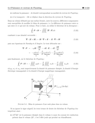 5.4 Puissance et vecteur de Poynting                                                                    5-123

   • renferme la puissance – de densit´ correspondant au module du vecteur de Poynting ;
                                      e

   • et la transporte – elle se d´place dans la direction du vecteur de Poynting.
                                 e

Dans un volume d´limit´ par une surface ferm´e, outre les sources, diﬀ´rentes composantes
                  e      e                    e                        e
sont susceptibles de modiﬁer le bilan de puissance, i.e. la diﬀ´rence de puissance entre ce
                                                                e
qui entre et ce qui sort du volume. Pour ce faire, on utilise le th´or`me de la divergence :
                                                                   e e

                                   P · dS =               (∇ · P ) dv                          (5.32)
                               S                      V

combin´e a une identit´ vectorielle :
      e `             e

                       ∇ · (E × H) = H · ∇ × E − E · ∇ × H                                     (5.33)

puis aux ´quations de Faraday et d’Amp`re. Le tout d´bouche sur :
         e                            e             e
                                    ∂H                    ∂E
                    ∇ · P = −µH ·       − σE · E − ǫE ·
                                     ∂t                   ∂t
                                        ∂ 1            ∂ 1
                           = − σE(t)2 − ( 2 ǫE(t)2 ) −   ( µH(t)2 )                            (5.34)
                                        ∂t             ∂t 2
                                       pd             we                      wm

puis ﬁnalement, sur le th´or`me de Poynting :
                         e e
                                                 ∂                       ∂
                  P · dS = −           pd dv −                 we dv −                 wm dv   (5.35)
              S                    V             ∂t        V             ∂t        V

o` pd , we et wm sont respectivement la densit´ de puissance dissip´e, la densit´ d’´nergie
  u                                           e                    e            e e
´lectrique emmagasin´e et la densit´ d’´nergie magn´tique emmagasin´e.
e                     e            e e               e                  e



                                 x
                                [P z ]z0 (∆x∆y)

                                                                   [P z ]z0 +∆z (∆x∆y)



                                                                              z
                                                           ∆z
                       y
                                            ∆V

             Figure 5.4 – Bilan de puissance d’une onde plane dans un volume.

    Si on ignore le signe n´gatif, les trois termes de droite du th´or`me de Poynting s’in-
                           e                                       e e
terpr`tent ainsi :
     e

   • σE 2 ∆V est la puissance dissip´e dans le volume ` cause du courant de conduction
                                    e                  a
     pr´sent dans le volume ∆V , c’est l’eﬀet joule qui produit un ´chauﬀement.
       e                                                           e
 