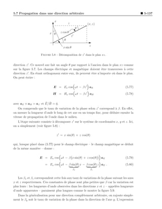 5.7 Propagation dans une direction arbitraire                                                  5-137

                               x
                                            z            (x, z)
                                                     θ
                           x θ       z cos θ
                                                z′
                                        θ
                                                           z
                                       x sin θ

                     Figure 5.8 – D´composition de z ′ dans le plan xz.
                                   e


direction z ′ . Ce nouvel axe fait un angle θ par rapport ` l’ancien dans le plan xz comme
                                                          a
sur la ﬁgure 5.7. Les champs ´lectrique et magn´tique doivent ˆtre transverses a cette
                                  e                  e              e                `
            ′
direction z . En ´tant orthogonaux entre eux, ils peuvent ˆtre n’importe o` dans le plan.
                   e                                         e               u
On peut ´crire :
         e


                              E = Eo cos ωt − βz ′ aE                                (5.77)

                              H = Ho cos ωt − βz ′ aH                                (5.78)

                       ¯ ¯
avec aE × aH = az ′ et E/H = η .
                             ¯
    On comprends que le taux de variation de la phase selon z ′ correspond a β. En eﬀet,
                                                                           `
on mesure la longueur d’onde le long de cet axe en un temps ﬁxe, pour d´duire ensuite la
                                                                        e
vitesse de propagation de l’onde dans le milieu.
   L’´tape suivante consiste ` d´composer z ′ sur le syst`me de coordonn´es x, y et z. Ici,
     e                       a e                         e              e
on a simplement (voir ﬁgure 5.8) :

                                   z ′ = x sin(θ) + z cos(θ)

qui, lorsque plac´ dans (5.77) pour le champ ´lectrique – le champ magn´tique se d´duit
                 e                           e                         e          e
de la mˆme mani`re – donne :
        e         e

                    E = Eo cos ωt − β x sin(θ) + z cos(θ)           aE               (5.79)

                        = Eo cos ωt − β sin(θ) x − β cos(θ) z aE .                   (5.80)
                                                 βx            βz



   Les βx et βz correspondent cette fois aux taux de variations de la phase suivant les axes
x et z respectivemen. Ces constantes de phase sont plus petites que β car la variation est
plus lente : les longueurs d’onde observ´es dans les directions x et z – appel´es longueurs
                                        e                                     e
d’onde apparentes – paraissent plus longues comme le montre la ﬁgure 5.9.
  Dans la g´n´ralisation pour une direction compl`tement arbitraire, on rajoute simple-
             e e                                    e
ment le βy soit le taux de variation de la phase dans la direction de l’axe y. L’expression
 