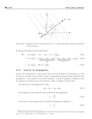 5-138                                                                              Onde plane uniforme

                                                       x



                                                                                β = βaz ′


                                                            λ
                                                  λx
                                                                  θ

                                         H                                                z
                                                    β       λz
                                             E


        Figure 5.9 – Longueurs d’onde vues dans les axes x et z d’une onde plane suivant une direction
                     z ′ dans le plan xz.

        du champ ´lectrique devient maintenant5 :
                 e

                E = Eo cos ωt − βx x − βy y − βz z + ξ aE                                               (5.81)

                     = Eo cos ωt − βx ax + βy ay + βz az · xax + yay + zaz + ξ aE (5.82)
                                                       β                       ℓ
                     = Eo cos ωt − β · ℓ + ξ aE .                                                       (5.83)


        5.7.1      Vecteur de propagation
        Ayant trois composantes βi selon chacun des axes d’un syst`me de coordonn´es, on vient
                                                                    e                  e
        de cr´er un nouveau vecteur β dit vecteur de propagation qui pointe dans la direction de
             e
        propagation – tout comme la vecteur de Poynting – et dont sa grandeur β indique le taux
        de variation de la phase dans cette direction. Ainsi, on d´duit de β a la fois :
                                                                  e          `
           • la direction de propagation de l’onde :

                                                  aβ = aP = aE × aH                                     (5.84)

           • la longueur d’onde observ´e dans la direction de propagation :
                                      e
                                                                 2π
                                                           β =                                          (5.85)
                                                                  λ
           • la vitesse de propagation dans le milieu ` la fr´quence angulaire ω :
                                                      a      e
                                                         ω
                                                   β =                                                  (5.86)
                                                         vp

           5
             Dans un espace 3D, les composantes du vecteur β s’´crivent ainsi selon la direction de propagation
                                                                       e
        (θ, φ) : βx = β cos φ sin θ, βy = β sin φ sin θ et βz = β cos θ.
 