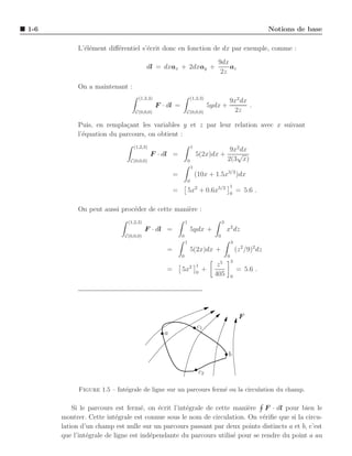 1-6                                                                                                               Notions de base

           L’´l´ment diﬀ´rentiel s’´crit donc en fonction de dx par exemple, comme :
             ee         e          e
                                                                                   9dx
                                       dl = dxax + 2dxay +                             az
                                                                                    2z

           On a maintenant :
                                  (1,2,3)                          (1,2,3)
                                                                                            9x2 dx
                                            F · dl =                            5ydx +             .
                                 C(0,0,0)                  C(0,0,0)                          2z

           Puis, en rempla¸ant les variables y et z par leur relation avec x suivant
                           c
           l’´quation du parcours, on obtient :
             e
                                (1,2,3)                            1
                                                                                            9x2 dx
                                          F · dl =                     5(2x)dx +              √
                              C(0,0,0)                         0                           2(3 x)
                                                                   1
                                                   =                   (10x + 1.5x3/2 )dx
                                                               0
                                                                                            1
                                                   =           5x2 + 0.6x5/2                0
                                                                                                   = 5.6 .

           On peut aussi proc´der de cette mani`re :
                             e                 e
                             (1,2,3)                       1                           3
                                       F · dl =                    5ydx +                  x2 dz
                            C(0,0,0)                   0                           0
                                                           1                                   3
                                               =                   5(2x)dx +                       (z 2 /9)2 dz
                                                       0                                   0
                                                                                   5           3
                                                                       1           z
                                               =       5x2             0
                                                                            +                      = 5.6 .
                                                                                  405          0




                                                                                                    F
                                                                       c1
                                              a


                                                                                           b

                                                                           c2

            Figure 1.5 – Int´grale de ligne sur un parcours ferm´ ou la circulation du champ.
                            e                                   e

          Si le parcours est ferm´, on ´crit l’int´grale de cette mani`re F · dl pour bien le
                                   e     e        e                    e
      montrer. Cette int´grale est connue sous le nom de circulation. On v´riﬁe que si la circu-
                          e                                                 e
      lation d’un champ est nulle sur un parcours passant par deux points distincts a et b, c’est
      que l’int´grale de ligne est ind´pendante du parcours utilis´ pour se rendre du point a au
               e                      e                           e
 