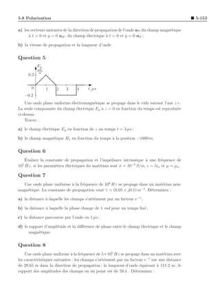 5.8 Polarisation                                                                            5-153

a) les vecteurs unitaires de la direction de propagation de l’onde aP du champ magn´tique
                                                                                   e
      a
      ` t = 0 et y = 0 aH , du champ ´lectrique ` t = 0 et y = 0 aE ;
                                        e         a

b) la vitesse de propagation et la longueur d’onde.


Question 5
           Ey
           mV
           m
     0.2


       0        1    2    3     4     t, µs
   −0.2
    Une onde plane uniforme ´lectromagn´tique se propage dans le vide suivant l’axe z+.
                            e          e
La seule composante du champ ´lectrique Ey ` z = 0 en fonction du temps est reproduite
                               e           a
ci-dessus.
    Tracez :

a) le champ ´lectrique Ey en fonction de z au temps t = 3 µs ;
            e

b) le champ magn´tique Hx en fonction du temps ` la position −1800 m.
                e                              a


Question 6
    ´
    Evaluez la constante de propagation et l’imp´dance intrins`que a une fr´quence de
                                                 e             e   `       e
  5                                                         −5
10 Hz, si les param`tres ´lectriques du mat´riau sont σ = 10 S/m, ǫ = 5ǫo et µ = µo .
                    e    e                 e

Question 7
  Une onde plane uniforme ` la fr´quence de 106 Hz se propage dans un mat´riau non-
                            a    e                                        e
                                                                −1
magn´tique. La constante de propagation vaut γ = (0.05 + j0.1) m . D´terminez :
    e                                        ¯                      e

a) la distance a laquelle les champs s’att´nuent par un facteur e−1 ;
               `                          e

b) la distance a laquelle la phase change de 1 rad pour un temps ﬁx´ ;
               `                                                   e

c) la distance parcourue par l’onde en 1 µs ;

d) le rapport d’amplitude et la diﬀ´rence de phase entre le champ ´lectrique et le champ
                                   e                              e
      magn´tique.
          e


Question 8
    Une onde plane uniforme ` la fr´quence de 5×105 Hz se propage dans un mat´riau avec
                              a      e                                         e
                                                                        −1
les caract´ristiques suivantes : les champs s’att´nuent par un facteur e sur une distance
          e                                      e
de 28.65 m dans la direction de propagation ; la longueur-d’onde ´quivaut a 111.2 m ; le
                                                                    e       `
rapport des amplitudes des champs en un point est de 59.4 . D´terminez :
                                                                 e
 