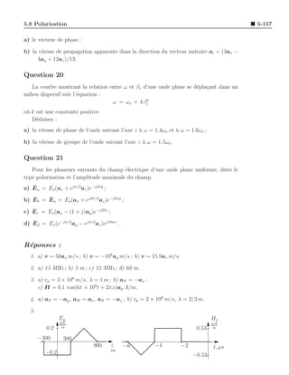 5.8 Polarisation                                                                           5-157

a) le vecteur de phase ;

b) la vitesse de propagation apparente dans la direction du vecteur unitaire ai = (3ax −
     4ay + 12az )/13.

Question 20
   La courbe montrant la relation entre ω et βz d’une onde plane se d´pla¸ant dans un
                                                                     e c
milieu dispersif suit l’´quation :
                        e
                                                 2
                                   ω = ωo + kβz
o` k est une constante positive.
 u
   D´duisez :
     e
a) la vitesse de phase de l’onde suivant l’axe z ` ω = 1.4ωo et ` ω = 1.6ωo ;
                                                 a              a

b) la vitesse de groupe de l’onde suivant l’axe z ` ω = 1.5ωo.
                                                  a

Question 21
   Pour les phaseurs suivants du champ ´lectrique d’une onde plane uniforme, dites le
                                         e
type polarisation et l’amplitude maximale du champ.
   ¯
a) E a = Eo (ax + ejπ/2 az )e−j2πy ;
   ¯     ¯
b) E b = E a + Eo (ax + ej3π/2 az )e−j2πy ;
   ¯
c) E c = Eo (ax − (1 + j)ay )e−j25z ;
   ¯
d) E d = Eo (e−jπ/4 ay − ejπ/4 az )ej10πx .


R´ponses :
 e
  1. a) v = 50ax m/s ; b) v = −108 ay m/s ; b) v = 15.9az m/s.

  2. a) 15 MHz ; b) 5 m ; c) 12 MHz ; d) 60 m.

  3. a) vp = 3 × 108 m/s, λ = 1 m ; b) aP = −ax ;
     c) H = 0.1 cos(6π × 108 t + 2πx)ay A/m.

  4. a) aP = −ay , aH = ax , aE = −az ; b) vp = 2 × 108 m/s, λ = 2/3 m.

  5.
                Ey                                                              Hx
                mV                                                              µA
          0.2   m                                                       0.53    m

       −300      300
                               900      z     −6       −4         −2            t, µs
         −0.2                           m
                                                                       −0.53
 