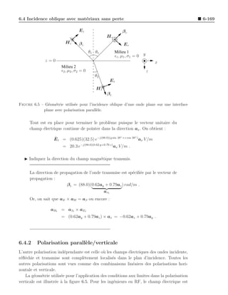 6.4 Incidence oblique avec mat´riaux sans perte
                              e                                                               6-169

                                  Ei                           βr
                                                    Hr
                         Hi       βi                           Er
                                          θ1 θ1           Milieu 1
                                                          ǫ1 , µ1 , σ1 = 0   y
              z=0                                                                    x
                      Milieu 2
                       ǫ2 , µ2 , σ2 = 0                                          z
                                             θ2
                                                         Et
                                             Ht
                                                    βt

Figure 6.5 – G´om´trie utilis´e pour l’incidence oblique d’une onde plane sur une interface
              e e            e
            plane avec polarisation parall`le.
                                          e


     Tout est en place pour terminer le probl`me puisque le vecteur unitaire du
                                             e
     champ ´lectrique continue de pointer dans la direction ax . On obtient :
            e
                                                        ◦         ◦
                  ¯
                  E t = (0.625)(32.5) e−j(88.0)(y sin 38 +z cos 38 ) ax V /m
                       = 20.3 e−j(88.0)(0.62 y+0.79 z) ax V /m .

  ◮ Indiquez la direction du champ magn´tique transmis.
                                       e


     La direction de propagation de l’onde transmise est sp´ciﬁ´e par le vecteur de
                                                           e e
     propagation :
                        β t = (88.0)(0.62ay + 0.79az ) rad/m .
                                                  aβ t
     Or, on sait que aE × aH = aβ ou encore :

                 aH t = aβ t × aE t
                      = (0.62ay + 0.79az ) × ax = −0.62az + 0.79ay .




6.4.2    Polarisation parall`le/verticale
                            e
L’autre polarisation ind´pendante est celle o` les champs ´lectriques des ondes incidente,
                          e                    u            e
r´ﬂ´chie et transmise sont compl`tement localis´s dans le plan d’incidence. Toutes les
 e e                                e              e
autres polarisations sont vues comme des combinaisons lin´aires des polarisations hori-
                                                              e
zontale et verticale.
   La g´om´trie utilis´e pour l’application des conditions aux limites dans la polarisation
        e e             e
verticale est illustr´e ` la ﬁgure 6.5. Pour les ing´nieurs en RF, le champ ´lectrique est
                     e a                            e                        e
 