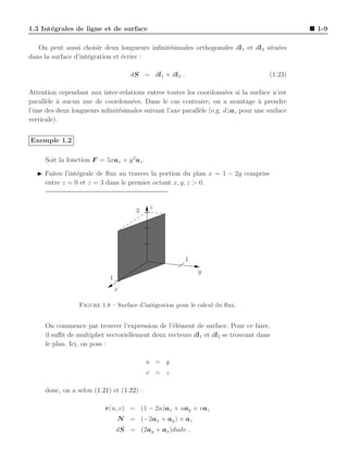 1.3 Int´grales de ligne et de surface
       e                                                                                      1-9

   On peut aussi choisir deux longueurs inﬁnit´simales orthogonales dl1 et dl2 situ´es
                                              e                                    e
dans la surface d’int´gration et ´crire :
                     e           e

                                    dS = dl1 × dl2 .                                 (1.23)

Attention cependant aux inter-relations entres toutes les coordonn´es si la surface n’est
                                                                      e
parall`le ` aucun axe de coordonn´es. Dans le cas contraire, on a avantage a prendre
      e a                          e                                             `
l’une des deux longueurs inﬁnit´simales suivant l’axe parall`le (e.g. dzaz pour une surface
                               e                            e
verticale).


Exemple 1.2

     Soit la fonction F = 5xax + y 2 az .
  ◮ Faites l’int´grale de ﬂux au travers la portion du plan x = 1 − 2y comprise
                e
    entre z = 0 et z = 3 dans le premier octant x, y, z > 0.


                                            z
                                     3




                                                       1
                                                            y
                            1
                                x

                 Figure 1.8 – Surface d’int´gration pour le calcul du ﬂux.
                                           e


     On commence par trouver l’expression de l’´l´ment de surface. Pour ce faire,
                                                 ee
     il suﬃt de multiplier vectoriellement deux vecteurs dl1 et dl2 se trouvant dans
     le plan. Ici, on pose :

                                            u = y
                                            v = z

     donc, on a selon (1.21) et (1.22) :

                           r(u, v) = (1 − 2u)ax + uay + vaz
                                N = (−2ax + ay ) × az
                                dS = (2ay + ax )dudv .
 