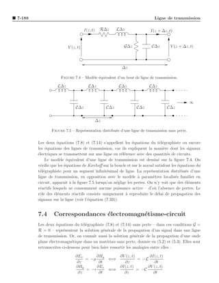 7-188                                                                     Ligne de transmission

                                    I(z, t)    R∆z       L∆z            I(z + ∆z, t)


                         V (z, t)                          G∆z          C∆z        V (z + ∆z, t)



                                                           ∆z

                    Figure 7.4 – Mod`le ´quivalent d’un bout de ligne de transmission.
                                    e e

                   L∆z                L∆z                L∆z           L∆z


                                                                                                ∞
                              C∆z                  C∆z           C∆z             C∆z


                                              ∆z

               Figure 7.5 – Repr´sentation distribu´e d’une ligne de transmission sans perte.
                                e                  e


        Les deux ´quations (7.8) et (7.14) s’appellent les ´quations du t´l´graphiste ou encore
                   e                                         e                 ee
        les ´quations des lignes de transmission, car ils expliquent la mani`re dont les signaux
            e                                                                   e
        ´lectriques se transmettent sur une ligne en r´f´rence avec des quantit´s de circuits.
        e                                              ee                         e
            Le mod`le ´quivalent d’une ligne de transmission est dessin´ sur la ﬁgure 7.4. On
                     e e                                                     e
        v´riﬁe que les ´quations de Kirchoﬀ sur la boucle et sur le noeud satisfont les ´quations du
          e            e                                                                e
        t´l´graphiste pour un segment inﬁnit´simal de ligne. La repr´sentation distribu´e d’une
         ee                                    e                        e                   e
        ligne de transmission, en opposition avec le mod`le ` param`tres localis´s familier en
                                                            e a           e           e
        circuit, apparaˆ ` la ﬁgure 7.5 lorsqu’on n´glige les pertes. On n’y voit que des ´l´ments
                        ıt a                        e                                      ee
        r´actifs lesquels ne consomment aucune puissance active – d’o` l’absence de pertes. Le
         e                                                                 u
        rˆle des ´l´ments r´actifs consiste uniquement ` reproduire le d´lai de propagation des
         o        ee         e                           a                   e
        signaux sur la ligne (voir l’´quation (7.33)).
                                     e


        7.4      Correspondances ´lectromagn´tisme-circuit
                                 e          e
        Les deux ´quations du t´l´graphiste (7.8) et (7.14) sans perte – dans ces conditions G =
                  e              ee
        R = 0 – repr´sentent la solution g´n´rale de la propagation d’un signal dans une ligne
                       e                     e e
        de transmission. Or, on connaˆ aussi la solution g´n´rale de la propagation d’une onde
                                       ıt                      e e
        plane ´lectromagn´tique dans un mat´riau sans perte, donn´e en (5.2) et (5.3). Elles sont
              e            e                   e                       e
        retranscrites ci-dessous pour bien faire ressortir les analogies entre elles :

                             ∂Ex      ∂Hy    ∂V (z, t)       ∂I(z, t)
                                 = −µ     ⇐⇒           = −L
                              ∂z       ∂t      ∂z              ∂t
                             ∂Hy      ∂Ex    ∂I(z, t)       ∂V (z, t)
                                 = −ǫ     ⇐⇒           = −C
                              ∂z       ∂t      ∂z              ∂t
 