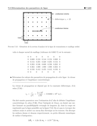 7.8 D´termination des param`tres de ligne
     e                     e                                                                       7-209


                                                                conducteur externe

                                                               di´lectrique ǫr = 10
                                                                 e



                                                               conducteur interne




            1mm

                     1mm

Figure 7.13 – G´om´trie de la section d’analyse de la ligne de transmission et maillage utilis´.
               e e                                                                            e


      volts a chaque noeud du maillage (tol´rance de 0.002 V) est la suivante :
            `                              e

                          0   0       0       0       0       0       0
                          0   0.069   0.124   0.144   0.124   0.069   0
                          0   0.154   0.285   0.328   0.285   0.154   0
                          0   0.263   0.536   0.600   0.536   0.263   0
                          0   0.364   1.000   1.000   1.000   0.364   0
                          0   0.193   0.412   0.455   0.412   0.193   0
                          0   0       0       0       0       0       0

   ◮ D´terminez les valeurs des param`tres de propagation de cette ligne : la vitesse
      e                              e
     de propagation et l’imp´dance caract´ristique.
                             e            e


      La vitesse de propagation ne d´pend que de la constante di´lectrique, d’o`
                                    e                           e              u
      selon (7.54) :

                             c   3 × 108
                       vp = √ = √        = 0.94868 × 108 m/s .
                              ǫr    10

      On doit ensuite poursuivre avec l’estimation de C aﬁn de d´duire l’imp´dance
                                                                    e           e
      caract´ristique Zo selon (7.56). Pour l’int´grale de Gauss, on choisit une sur-
             e                                     e
      face formant un parall´l´pip`de rectangle de longueur ∆z dont la coupe est
                              ee e
      repr´sent´e par la ligne pointill´e sur la ﬁgure 7.13. On n’a pas ` s’occuper des
           e    e                      e                                a
      surfaces avant et arri`re car aucun ﬂux ´lectrique ne les traverse. On d´coupe
                            e                    e                              e
      les surfaces dessus et dessous respectivement, en petits ´l´ments num´riques
                                                                  ee            e
      de surface d’int´gration :
                      e

                           ∆S p = ±∆x ∆z ay = ±(10−3 )∆z ay .
 