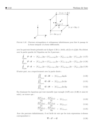 1-12                                                                                         Notions de base

                                                                    d      (x, y, z + ∆z)
                                                                                       c

                                                         e

                                                                        (x, y, z)
                                      z                            a                  b
                                                                                       (x, y + ∆y, z)

                                                             f              g
                                                             (x + ∆x, y, z)
                                                     y
                                  x

       Figure 1.10 – Parcours rectangulaires et orthogonaux inﬁnit´simaux pour faire le passage de
                                                                  e
                     la forme int´grale ` la forme diﬀ´rentielle.
                                 e      a             e

       avec les parcours ferm´s pr´sent´s sur la ﬁgure 1.10 i.e. abcda, adef a et af gba. On obtient
                             e    e    e
       avec la partie gauche de l’´quation sur les 3 parcours :
                                  e

                        F · dl = [Fy ](x,z) ∆y + [Fz ](x,y+∆y) ∆z − [Fy ](x,z+∆z)∆y − [Fz ](x,y) ∆z (1.27)
               abcda

                        F · dl = [Fz ](x,y) ∆z + [Fx ](y,z+∆z) ∆x − [Fz ](x+∆x,y) ∆z − [Fx ](y,z) ∆x (1.28)
               adef a

                        F · dl = [Fx ](y,z) ∆x + [Fy ](x+∆x,z)∆y − [Fx ](y+∆y,z) ∆x − [Fy ](x,z) ∆y (1.29)
               af gba

       D’autre part, on a respectivement avec la partie droite :

                                                     G · dS = [Gx ](x,y,z) ∆y∆z                         (1.30)
                                          S[abcd]

                                                     G · dS = [Gy ](x,y,z) ∆z∆x                         (1.31)
                                          S[adef ]

                                                     G · dS = [Gz ](x,y,z) ∆x∆y                         (1.32)
                                          S[af gb]

       En r´unissant les ´quations qui vont ensemble (par exemple (1.27) avec (1.30) et ainsi de
            e            e
       suite), on trouve que :
                                      ∆[Fz ](x,y) ∆[Fy ](x,z)
                                                 −            = [Gx ](x,y,z)                            (1.33)
                                        ∆y          ∆z
                                      ∆[Fx ](y,z) ∆[Fz ](x,y)
                                                 −            = [Gy ](x,y,z)                            (1.34)
                                        ∆z          ∆x
                                      ∆[Fy ](x,z) ∆[Fx ](y,z)
                                                 −            = [Gz ](x,y,z)                            (1.35)
                                        ∆x          ∆y
       Avec des parcours inﬁnit´simaux, il est facile de voir que les trois expressions ci-dessus
                               e
       correspondent ` :
                     a
                                            ∇×F = G                                        (1.36)
 