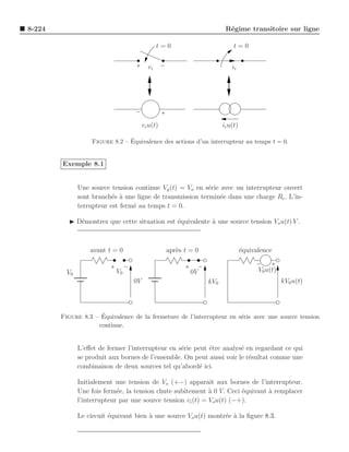 8-224                                                                 R´gime transitoire sur ligne
                                                                       e

                                              t=0                         t=0


                                         vi                              ii




                                       vi u(t)                       ii u(t)

                                 ´
                    Figure 8.2 – Equivalence des actions d’un interrupteur au temps t = 0.


        Exemple 8.1


               Une source tension continue Vg (t) = Vo en s´rie avec un interrupteur ouvert
                                                            e
               sont branch´s ` une ligne de transmission termin´e dans une charge Rc . L’in-
                           e a                                  e
               terrupteur est ferm´ au temps t = 0.
                                  e

          ◮ D´montrez que cette situation est ´quivalente ` une source tension Vo u(t) V .
             e                                e           a



                   avant t = 0                   apr`s t = 0
                                                    e                          ´quivalence
                                                                               e


          V0                V0                           0V                          V0 u(t)
                                  0V                           kV0                             kV0 u(t)



                     ´
        Figure 8.3 – Equivalence de la fermeture de l’interrupteur en s´rie avec une source tension
                                                                       e
                    continue.


               L’eﬀet de fermer l’interrupteur en s´rie peut ˆtre analys´ en regardant ce qui
                                                   e         e          e
               se produit aux bornes de l’ensemble. On peut aussi voir le r´sultat comme une
                                                                           e
               combinaison de deux sources tel qu’abord´ ici.
                                                          e

               Initialement une tension de Vo (+−) apparaˆ aux bornes de l’interrupteur.
                                                              ıt
               Une fois ferm´e, la tension chute subitement ` 0 V. Ceci ´quivaut a remplacer
                             e                                a          e       `
               l’interrupteur par une source tension vi (t) = Vo u(t) (−+).

               Le circuit ´quivaut bien ` une source Vo u(t) montr´e a la ﬁgure 8.3.
                          e             a                         e `
 