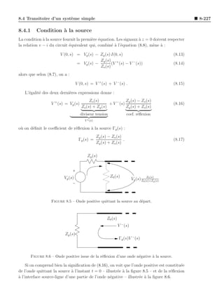 8.4 Transitoire d’un syst`me simple
                         e                                                                                  8-227

8.4.1      Condition ` la source
                     a
La condition ` la source fournit la premi`re ´quation. Les signaux ` z = 0 doivent respecter
              a                          e e                       a
la relation v − i du circuit ´quivalent qui, combin´ ` l’´quation (8.8), m`ne a :
                             e                      ea e                   e `

                        V (0, s) = Vg (s) − Zg (s) I(0, s)                                         (8.13)
                                            Zg (s) +
                                 = Vg (s) −        (V (s) − V − (s))                               (8.14)
                                            Zo (s)
alors que selon (8.7), on a :

                                    V (0, s) = V + (s) + V − (s) .                                 (8.15)

   L’´galit´ des deux derni`res expressions donne :
     e     e               e
                                            Zo (s)               Zg (s) − Zo (s)
                   V + (s) = Vg (s)                    + V − (s)                                   (8.16)
                                       Zo (s) + Zg (s)           Zg (s) + Zo (s)
                                      diviseur tension                 coef. r´ﬂexion
                                                                              e
                                         V o (s)

o` on d´ﬁnit le coeﬃcient de r´ﬂexion ` la source Γg (s) :
 u     e                      e       a
                                                   Zg (s) − Zo (s)
                                     Γg (s) =                      .                               (8.17)
                                                   Zg (s) + Zo (s)


                                           Zg (s)



                          Vg (s)                           Z0 (s)                      Z0 (s)
                                                                            Vg (s) Z0 (s)+Zg (s)




                   Figure 8.5 – Onde positive quittant la source au d´part.
                                                                     e



                                                         Z0 (s)
                                                                  V − (s)
                           Zg (s)
                                                                  Γg (s)V − (s)



        Figure 8.6 – Onde positive issue de la r´ﬂexion d’une onde n´gative ` la source.
                                                e                   e       a

    Si on comprend bien la signiﬁcation de (8.16), on voit que l’onde positive est constitu´e
                                                                                           e
de l’onde quittant la source ` l’instant t = 0 – illustr´e ` la ﬁgure 8.5 – et de la r´ﬂexion
                              a                         e a                           e
a
` l’interface source-ligne d’une partie de l’onde n´gative – illustr´e ` la ﬁgure 8.6.
                                                    e               e a
 